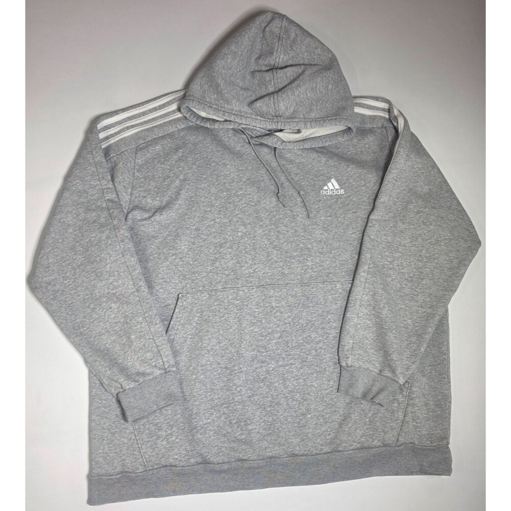 Adidas Mens XL Gray Fleece Hoodie 3 Stripe Pullover Sweatshirt Gym Sport Sweater